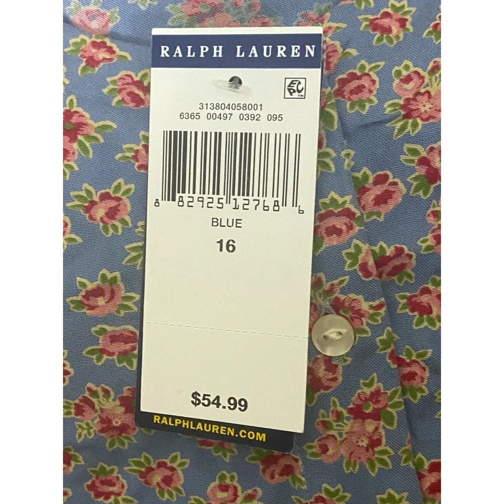 Polo Ralph Lauren Girl Dress 16 Button Front Blue Pink Flowers S/S Pockets NWT‎